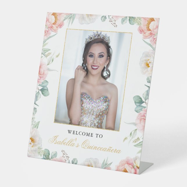 Pink Gold Floral Photo Quinceañera Welcome Sign (Front)