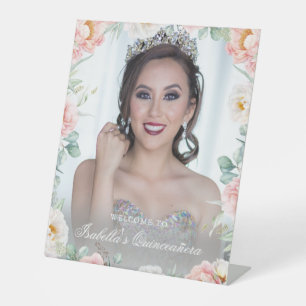 Pink Gold Floral Photo Quinceañera Welcome Sign