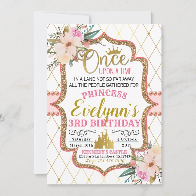 Pink Gold Floral Princess Birthday Invitation (Front)