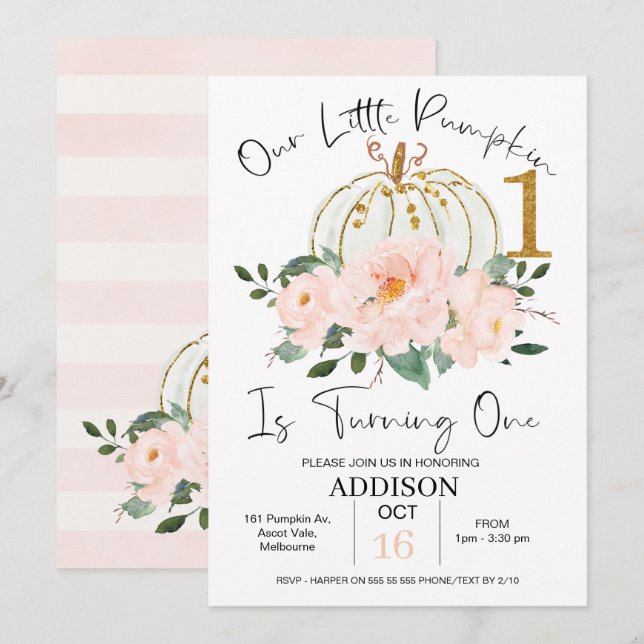 Pink Gold Floral Pumpkin 1st Birthday Invitation (Front/Back)