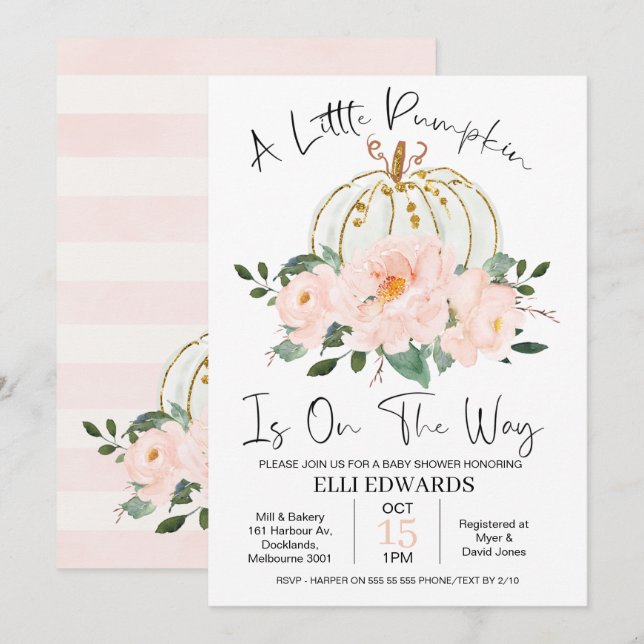 Pink Gold Floral Pumpkin Baby Shower Invitation (Front/Back)