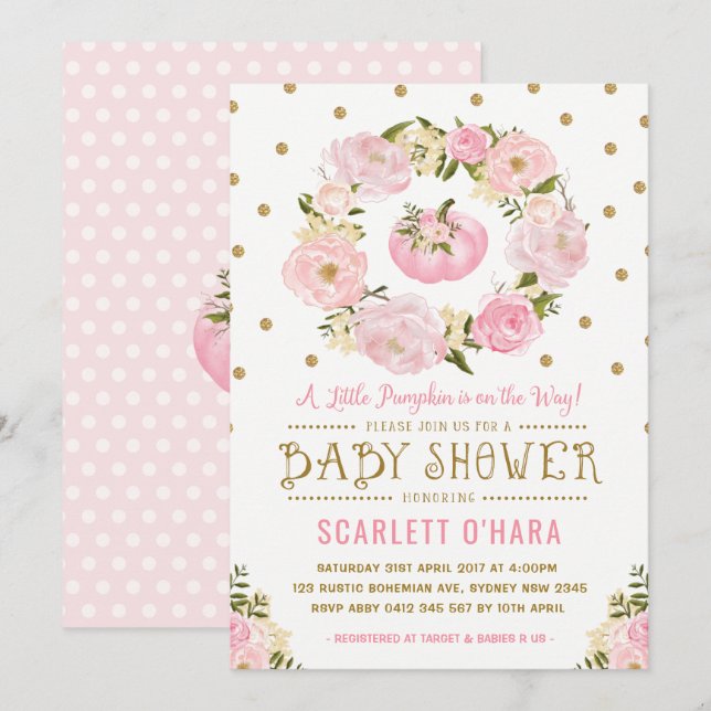 Pink & Gold Floral Pumpkin Baby Shower Invitation (Front/Back)