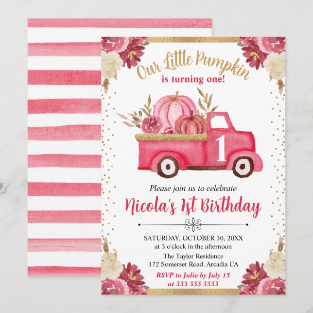 Pink & Gold Floral Pumpkin Truck Fall 1st Birthday Invitation (Front/Back)