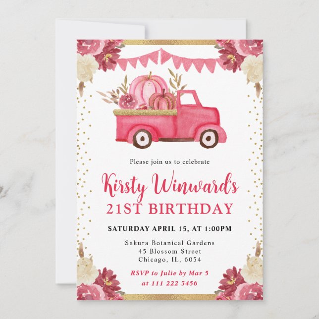 Pink Gold Floral Pumpkin Truck Fall 21st Birthday Invitation (Front)