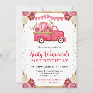 Pink Gold Floral Pumpkin Truck Fall 21st Birthday Invitation