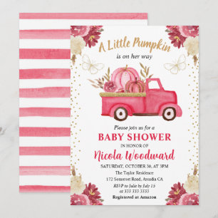 Pink & Gold Floral Pumpkin Truck Fall Baby Shower Invitation