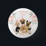 Pink Gold Floral Puppy Dogs Birthday Girl Button<br><div class="desc">This dreamy design features illustration of a collection of adorable puppies surrounded by gorgeous blush pink flowers and delicate watercolor greenery</div>