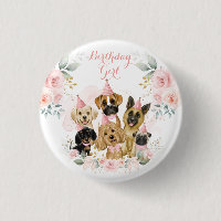 Pink Gold Floral Puppy Dogs Birthday Girl Button