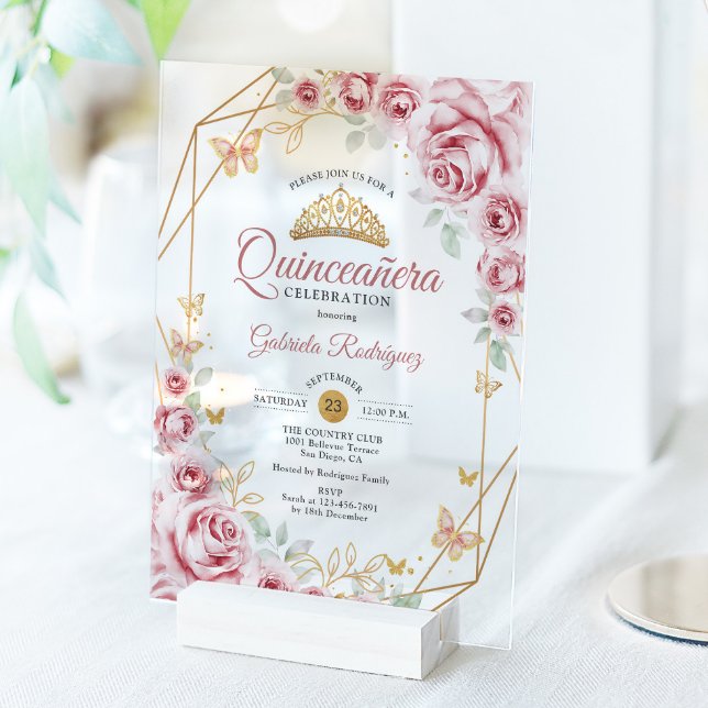 Pink Gold Floral Quinceanera Acrylic Invitations (Creator Uploaded)