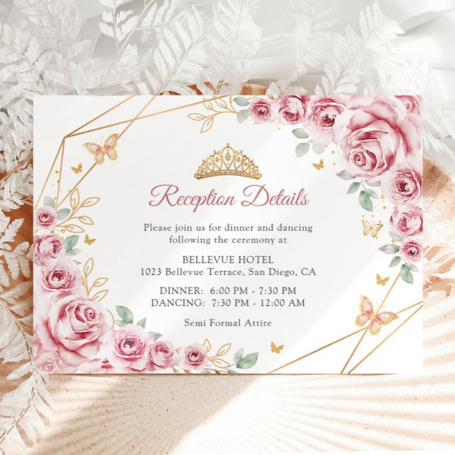 Pink Gold Floral Quinceanera  Details Enclosure Card (Creator Uploaded)