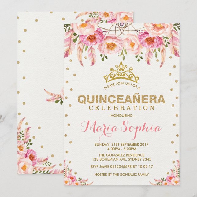 Pink Gold Floral Quinceañera Feminine Dreamcatcher Invitation (Front/Back)