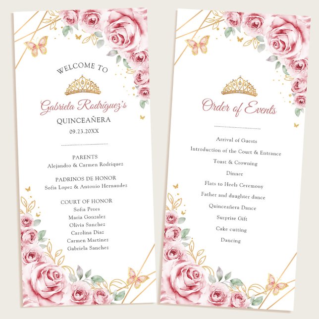 Pink Gold Floral Quinceanera Order of Events Programme (Creator Uploaded)