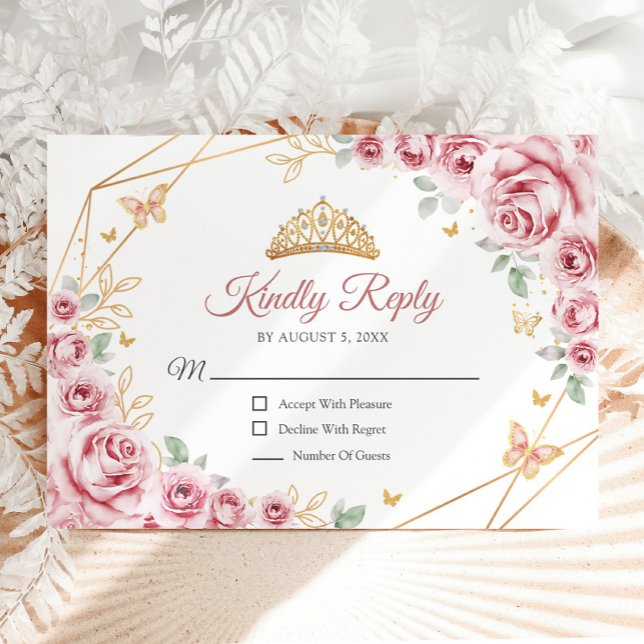 Pink Gold Floral Quinceanera Reply RSVP Card (Creator Uploaded)