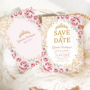 Pink Gold Floral Quinceanera Save The Date