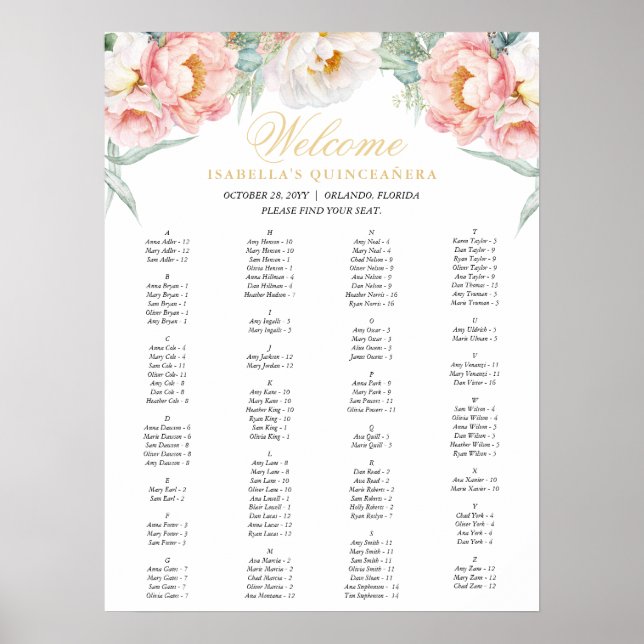 Pink & Gold Floral Quinceañera Seating Chart (Front)