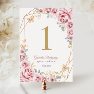 Pink Gold Floral Quinceanera Table Number