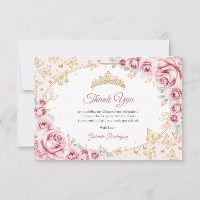 Pink Gold Floral Quinceanera Thank You Card (Front)