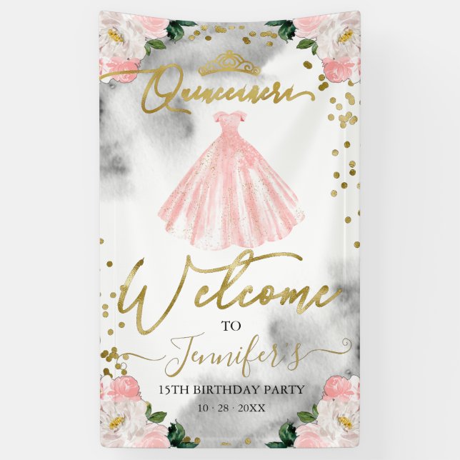 Pink Gold Floral Quinceanera Welcome Sign (Vertical)