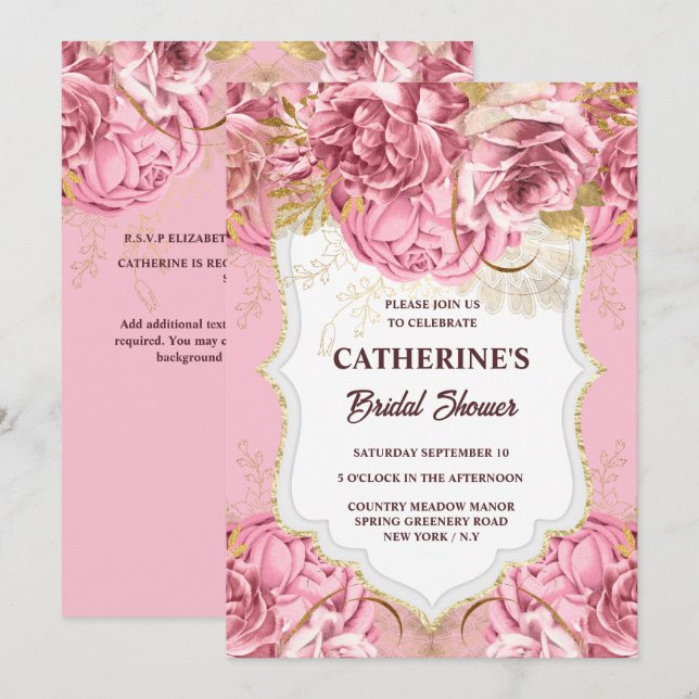 Pink gold floral rose flower tropical party invitation (Front/Back)