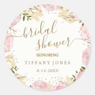 Pink Gold Floral Rose Watercolor Bridal Shower Classic Round Sticker