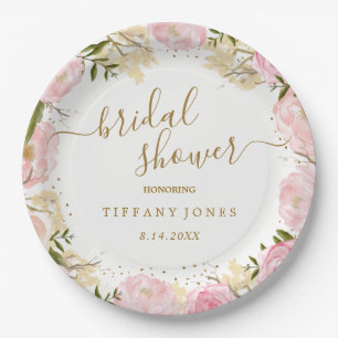 Pink Gold Floral Rose Watercolor Bridal Shower Paper Plate