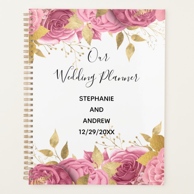 Pink Gold Floral Roses Elegant Wedding  Planner (Front)