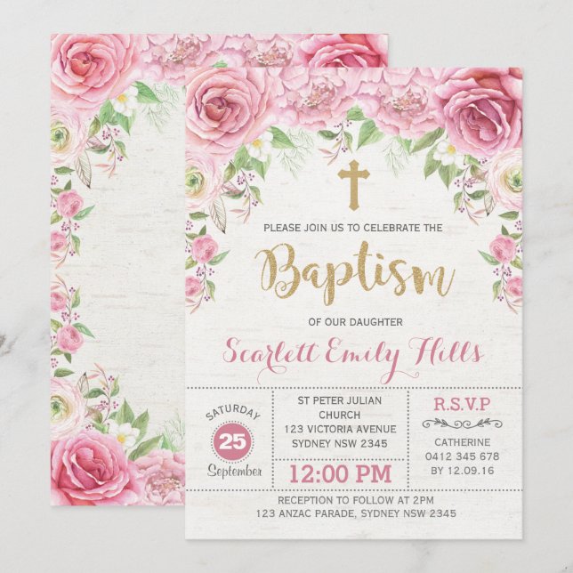 Pink Gold Floral Roses Girl Baptism Invitation (Front/Back)