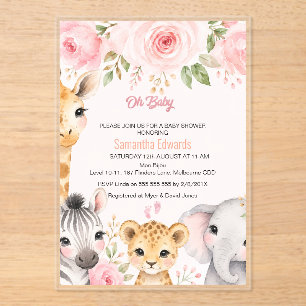 Pink Gold Floral Safari Animals Baby Shower Invita Acrylic Invitations