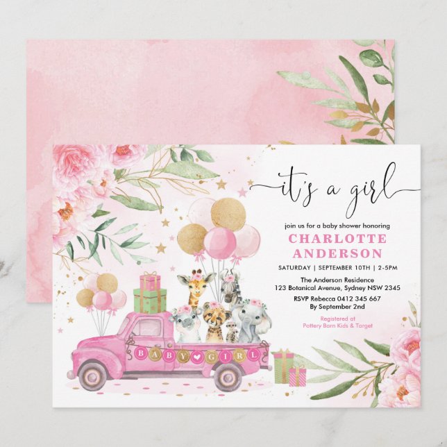 Pink Gold Floral Safari Animals Girl Baby Shower Invitation (Front/Back)