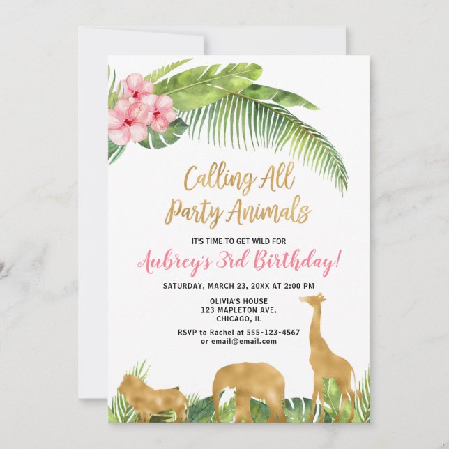Pink gold floral safari animals girl birthday invitation (Front)