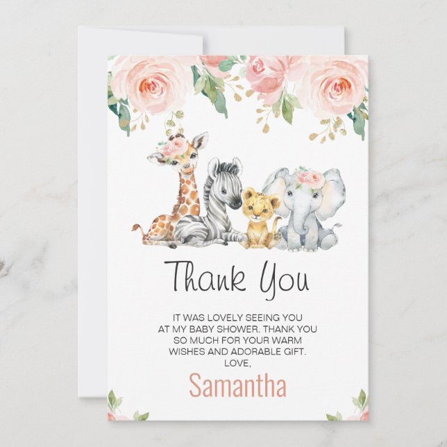 Pink Gold Floral Safari Baby Shower Thank You Card (Front)