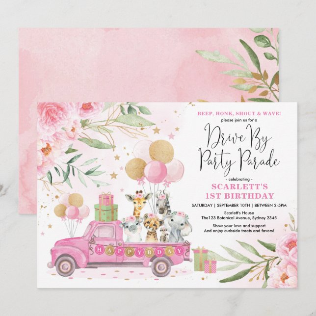 Pink Gold Floral Safari Drive By Birthday Parade Invitation (Front/Back)