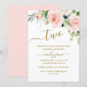 Pink Gold Floral Second 2nd Birthday Party Invitation