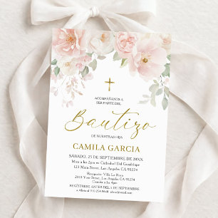 Pink & Gold Floral Spanish Girl Baptism Bautizo Invitation