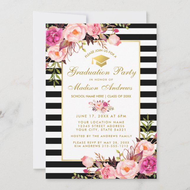 Pink Gold Floral Striped Graduation Party Invite (Front)