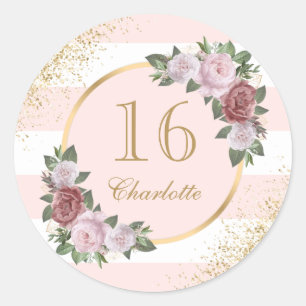 Pink Gold Floral Sweet 16 Birthday Classic Round Sticker