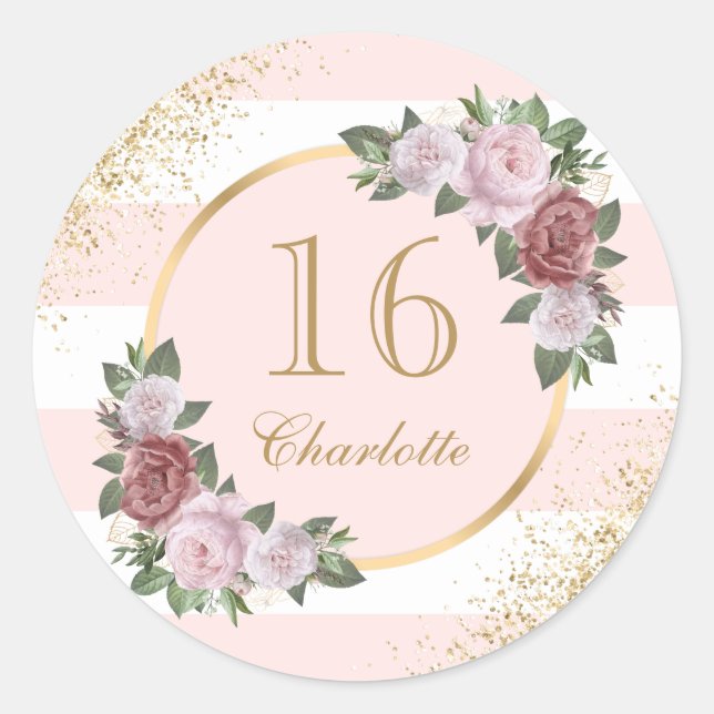 Pink Gold Floral Sweet 16 Birthday Classic Round Sticker (Front)