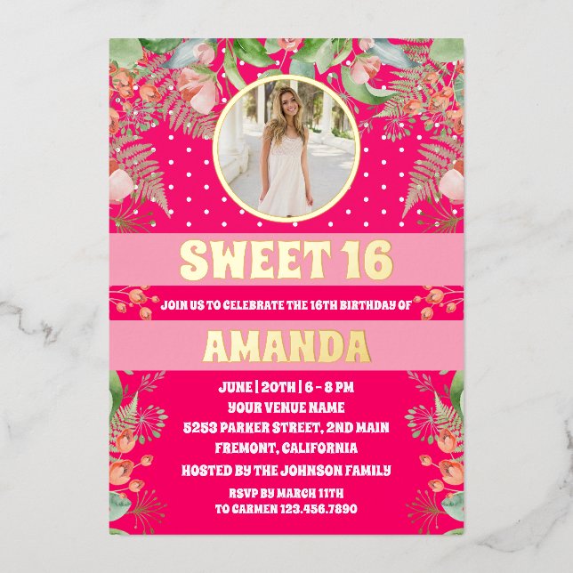 Pink Gold Floral Sweet 16 Party Photo (Front)