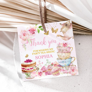 Pink Gold Floral Tea Par-Tea Birthday Party Square Favour Tags