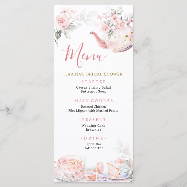 Pink Gold Floral Tea Party Bridal Shower Menu (Front)
