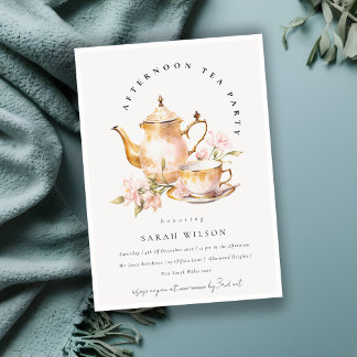 Pink Gold Floral Tea Set Afternoon Tea Party  Invitation