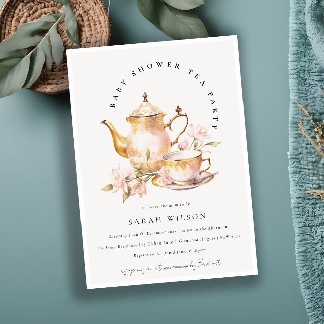 Pink Gold Floral Tea Set Baby Shower Tea Party  Invitation (Creator Uploaded)