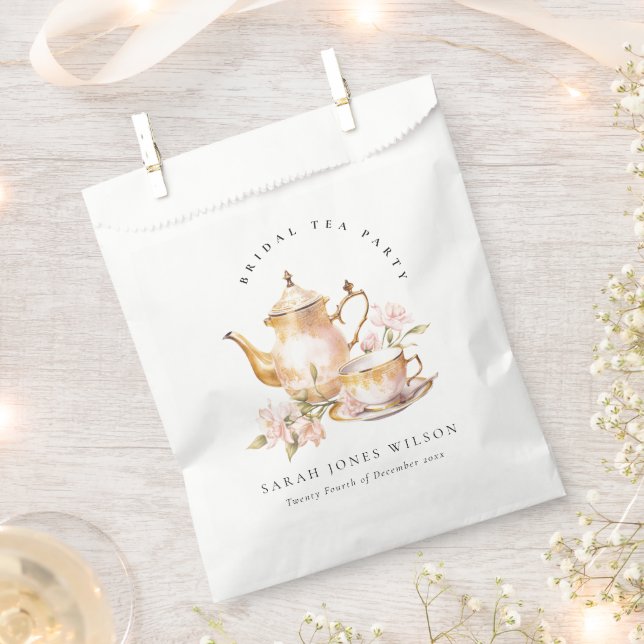 Pink Gold Floral Tea Set Bridal Shower Tea Party  Favour Bags (Clipped)