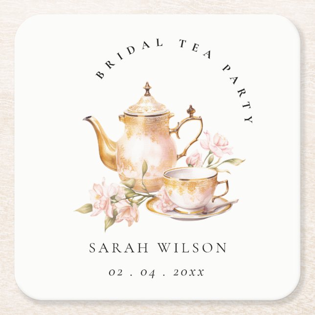 Pink Gold Floral Tea Set Bridal Shower Tea Party  Square Paper Coaster (Front)