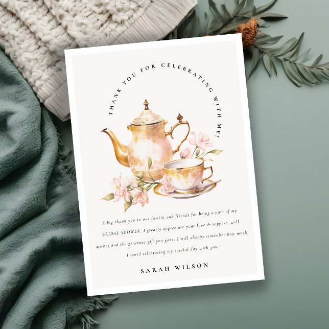 Pink Gold Floral Tea Set Bridal Shower Tea Party  Thank You Card (Creator Uploaded)