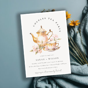 Pink Gold Floral Tea Set Couples Shower Tea Party  Invitation