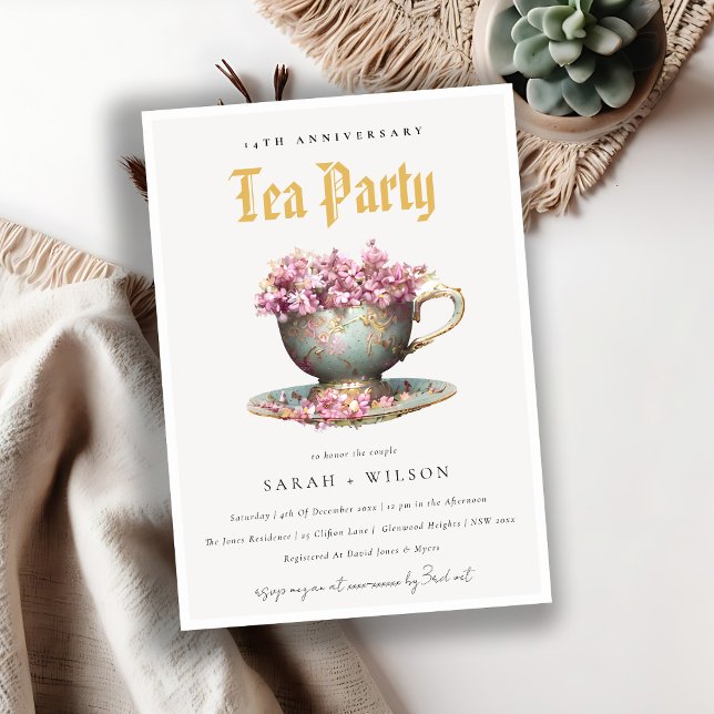Pink Gold Floral Teacup Anniversary Tea Party  Invitation (Creator Uploaded)