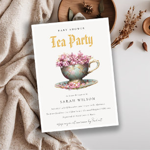 Pink Gold Floral Teacup Baby Shower Tea Party Invitation