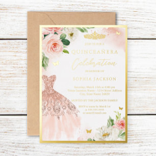 Pink Gold Floral Tiara Dress Elegant Quinceanera