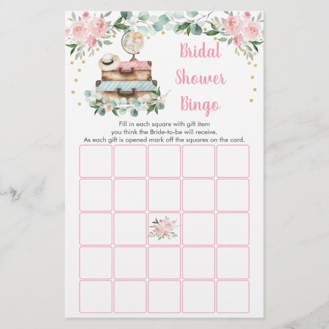 Pink Gold Floral Travel Bridal Shower Bingo Game (Front)